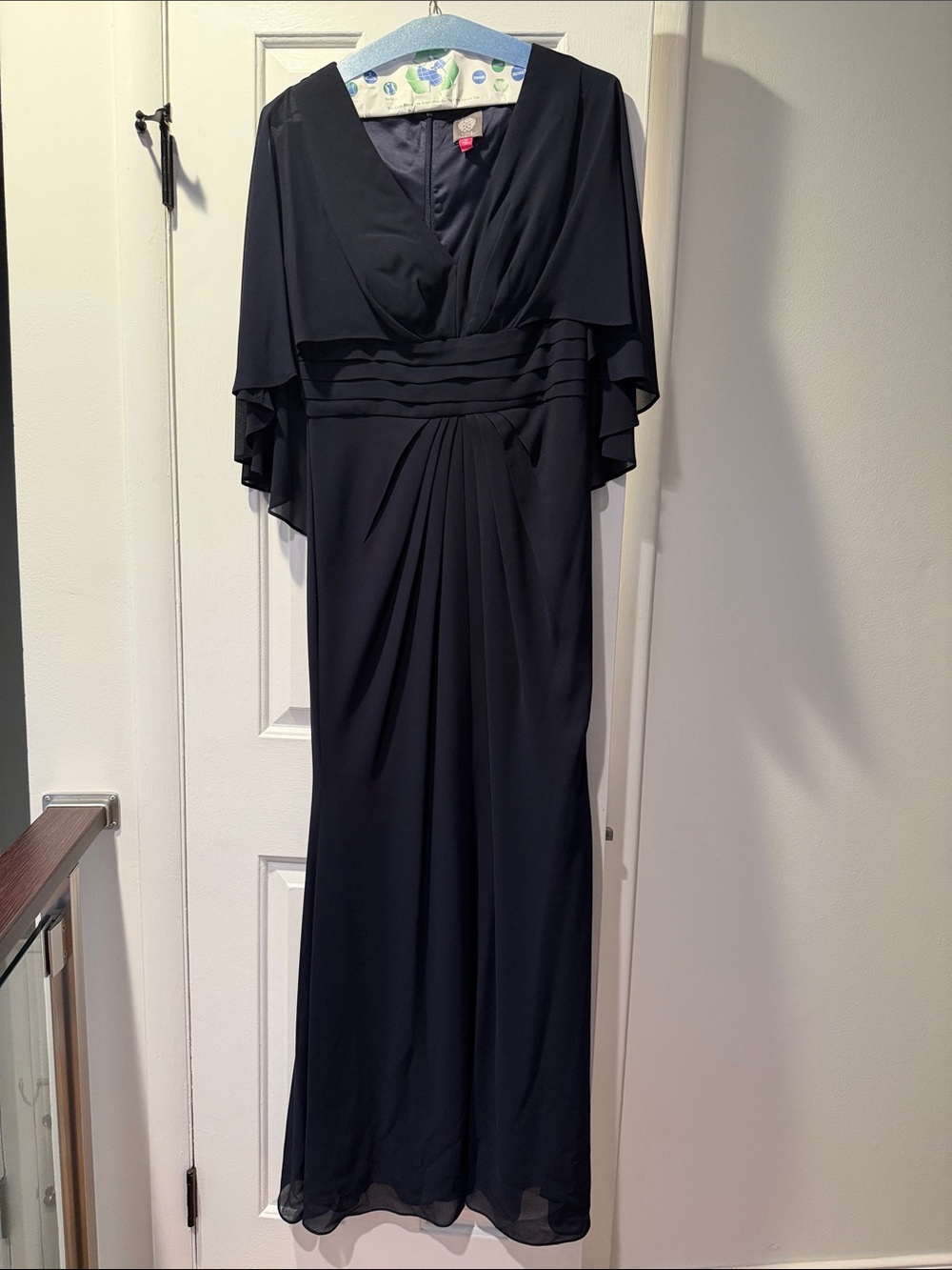 Vince Camuto Navy V-Neck Maxi Dress with Draped Cape Sleeves